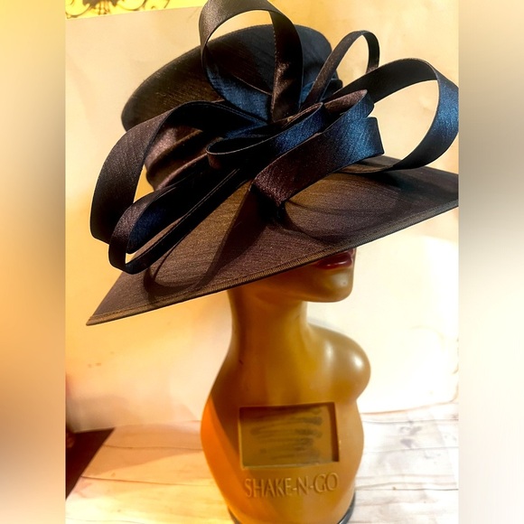 Giovannio Design in England Extra Wide Brimmed Fancy Navy Blue Derby Tea Hat - Picture 4 of 11